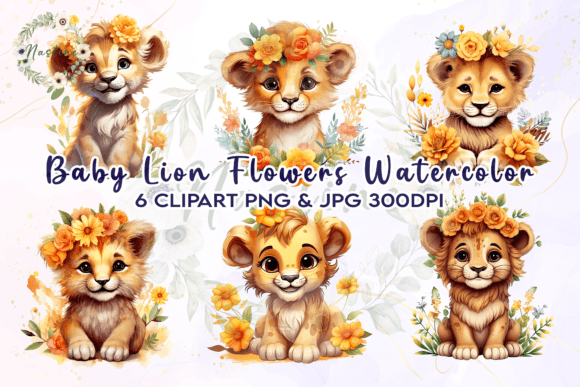 Enchanting Baby Lion Flowers Watercolor Clipart for Creative Projects