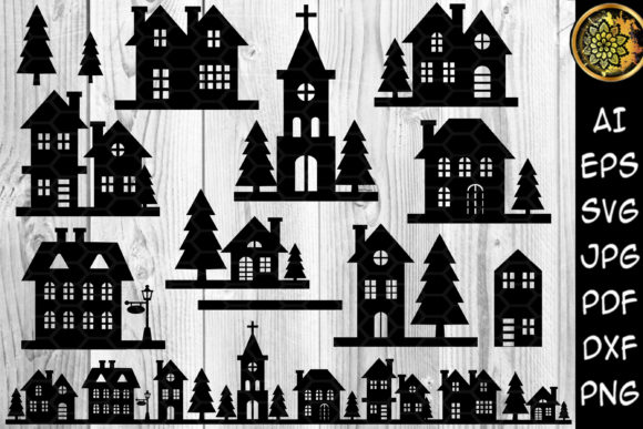 Night Buildings Christmas Silhouette Set for Festive DIY Projects